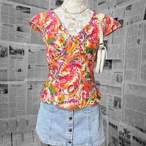 Crazy Horse Liz Claiborne Silk Blouse Petite 4 Floral Paisley Wrap Peplum Top